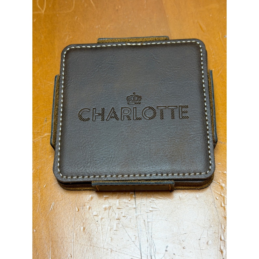 Charlotte Brown Faux Leather Coaster Set of 4 with Holder White Stitching Crown